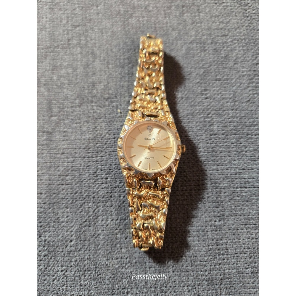 Vintage Elgin Womens Watch 24mm Gold Tone Nugget Style Band New Battery